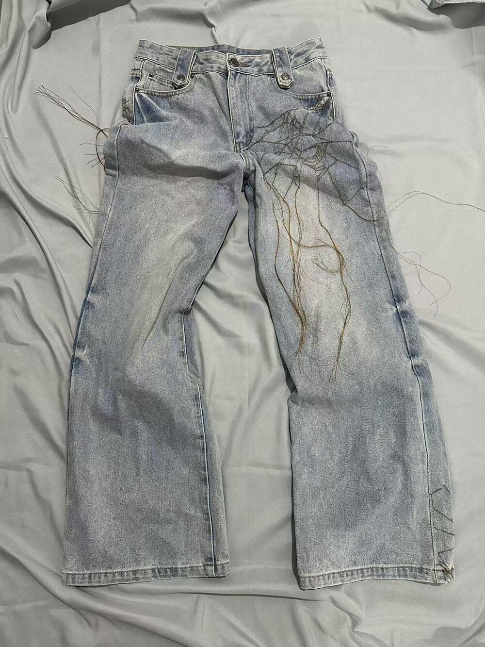Japanese Brand Spider Web Embroidered Baggy Blue Denim Wide-Leg Jeans Size 32